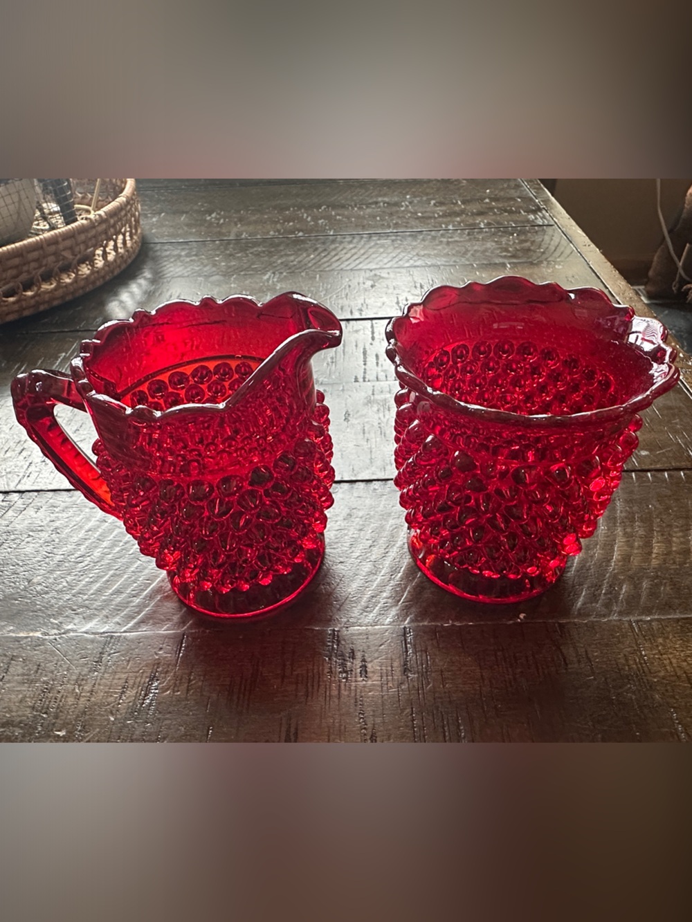 Fenton hobnail Ruby Red Sugar and Creamer set
